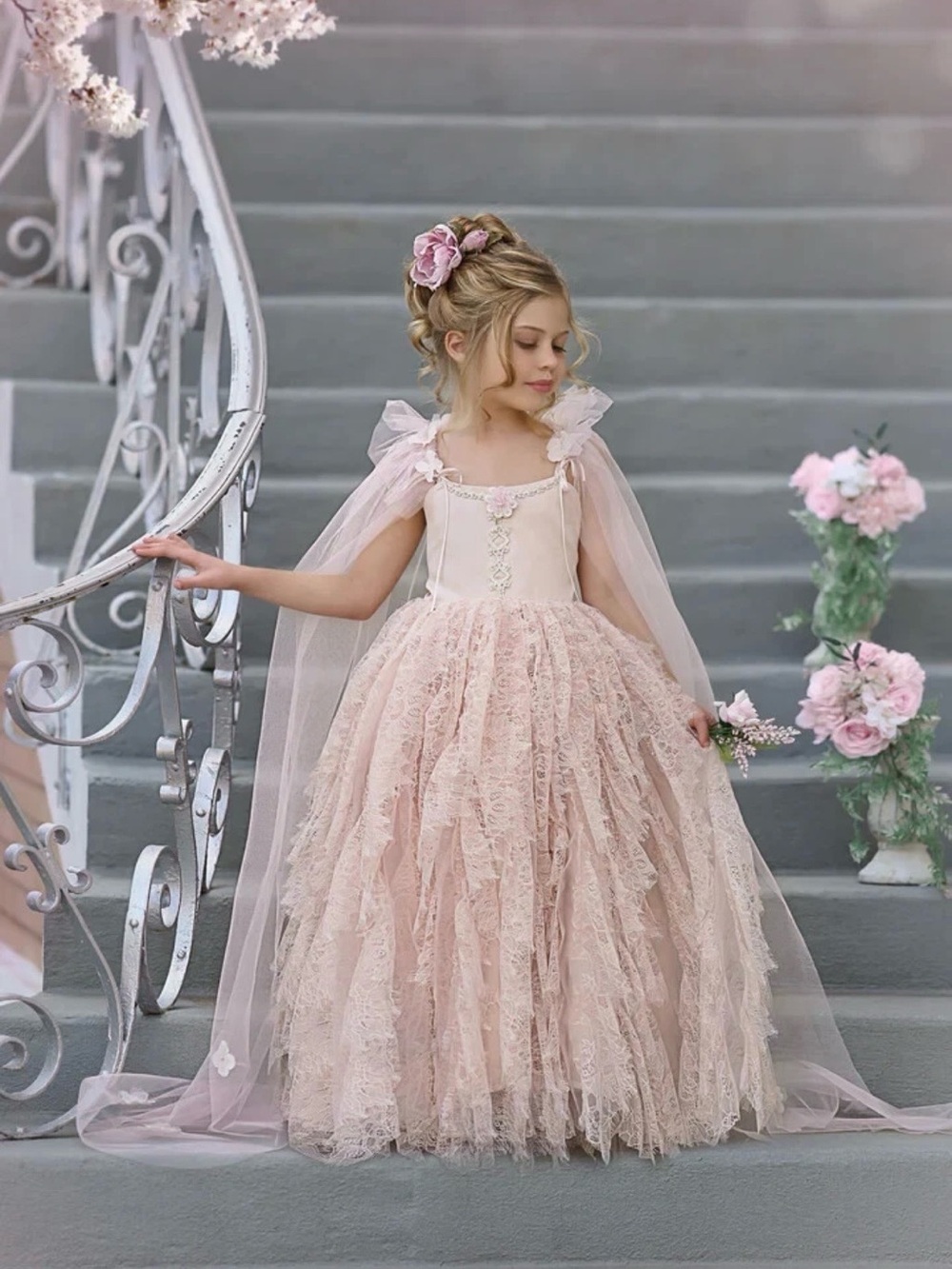Dollcake Couture Centerpiece Gown Size 1 NWT Blush Lace w/ Cape & Dust Bag